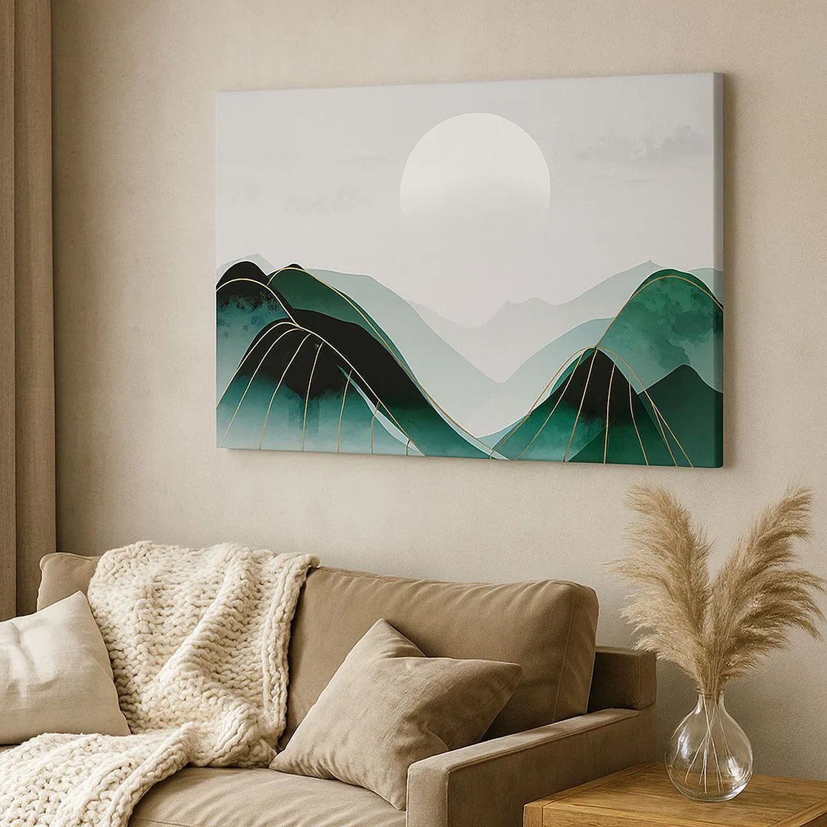 Bild auf Leinwand - Leinwandbild - Abstrakte Berglandschaft mit Mond und goldenen Linien - 70x50cm - In voller Majestät - Moderne Wanddekoration für Wohnzimmer und Schlafzimmer ARTTOR