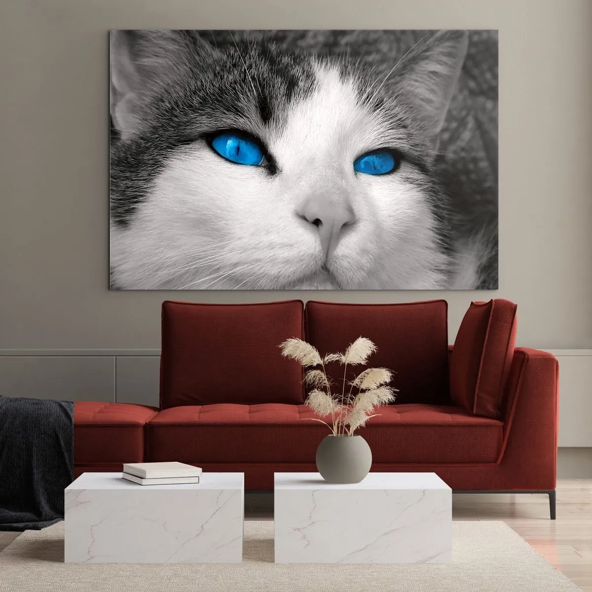 Glasbild - Bild auf glas - Ein Schwarzweißfoto einer Katze mit intensiv blauen Augen. - 70x50cm - Ungewöhnlich blauäugig - Moderne Wanddekoration für Wohnzimmer und Schlafzimmer ARTTOR