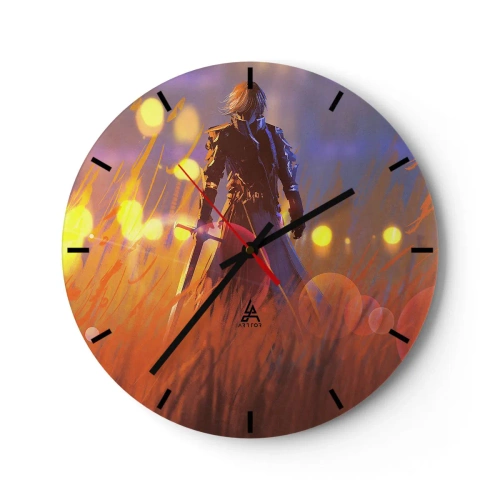 Wanduhr - Glasuhr - Die Figur eines Ritters vor dem Hintergrund eines leuchtenden Sonnenuntergangs - 30x30cm - Fahrender Ritter - Moderne Wanddekoration für Wohnzimmer, Küche und Schlafzimmer ARTTOR