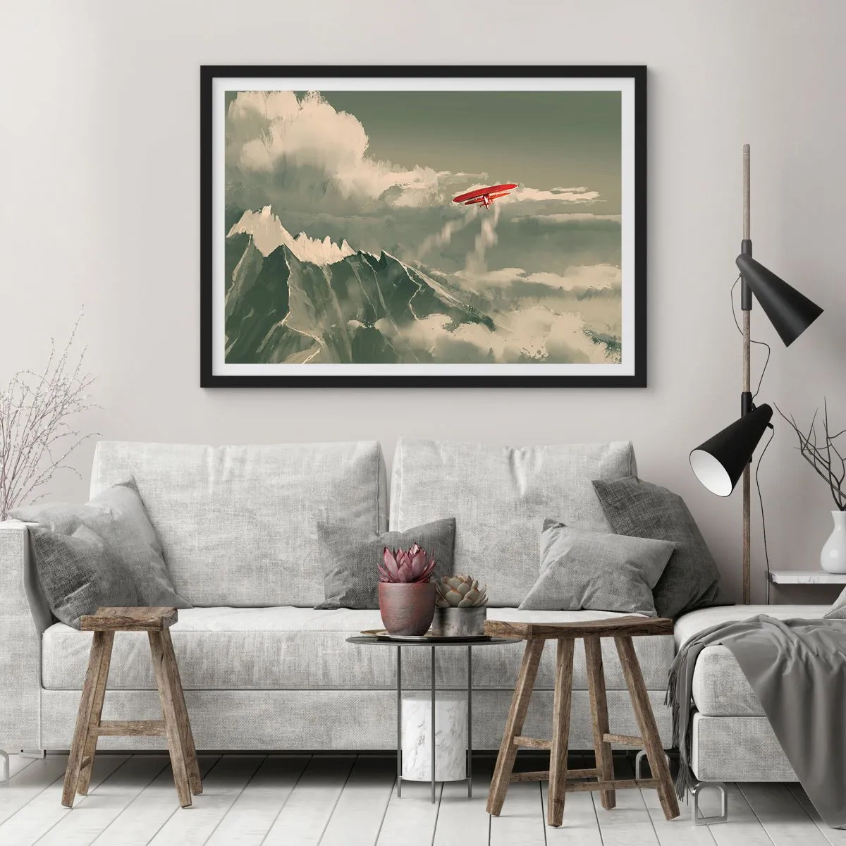 Poster in einem schwarzem Rahmen - Rotes Flugzeug über schneebedeckten Bergen - 100x70cm - Furchtloser Pionier - Moderne Wanddekoration für Wohnzimmer und Schlafzimmer ARTTOR