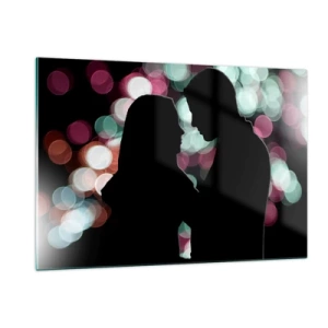 Glasbild - Bild auf glas - Silhouetten eines Paares vor dem Hintergrund bunter Bokeh-Lichter - 120x80cm - Jawohl! - Moderne Wanddekoration für Wohnzimmer und Schlafzimmer ARTTOR
