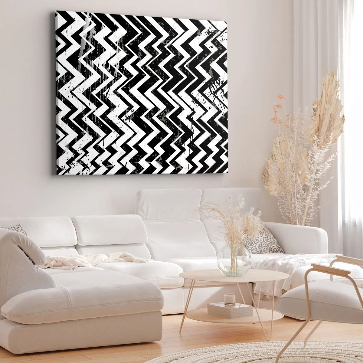 Bild auf Leinwand - Leinwandbild - Schwarz-weißes Zickzack-Muster mit kunstvollen Abschürfungen - 100x70cm - Zick-weiß, Zack-schwarz - Moderne Wanddekoration für Wohnzimmer und Schlafzimmer ARTTOR
