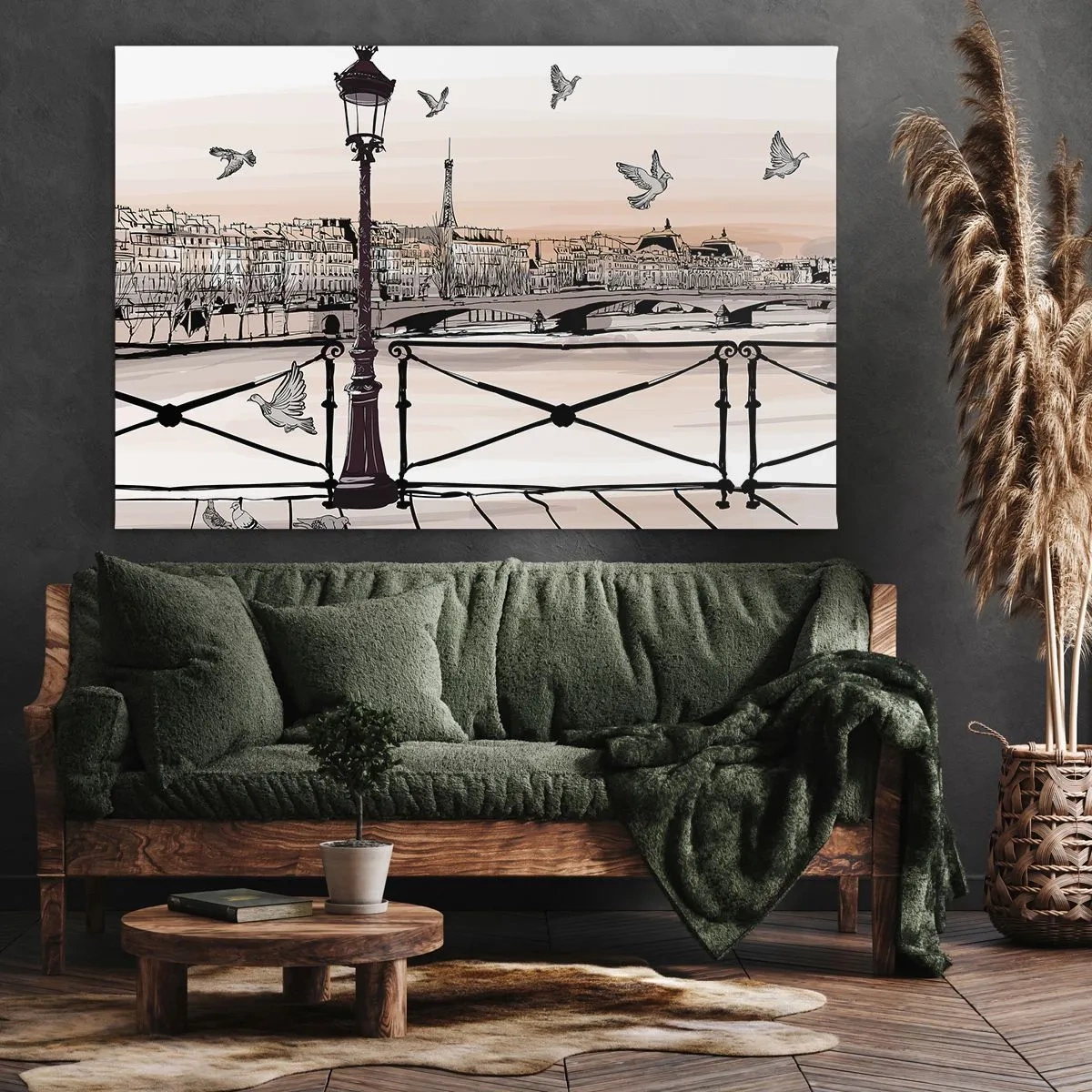 Bild auf Leinwand - Leinwandbild - Pariser Ansicht mit einer Laterne und einer Brücke - 70x50cm - Über den Dächern von Paris - Moderne Wanddekoration für Wohnzimmer und Schlafzimmer ARTTOR