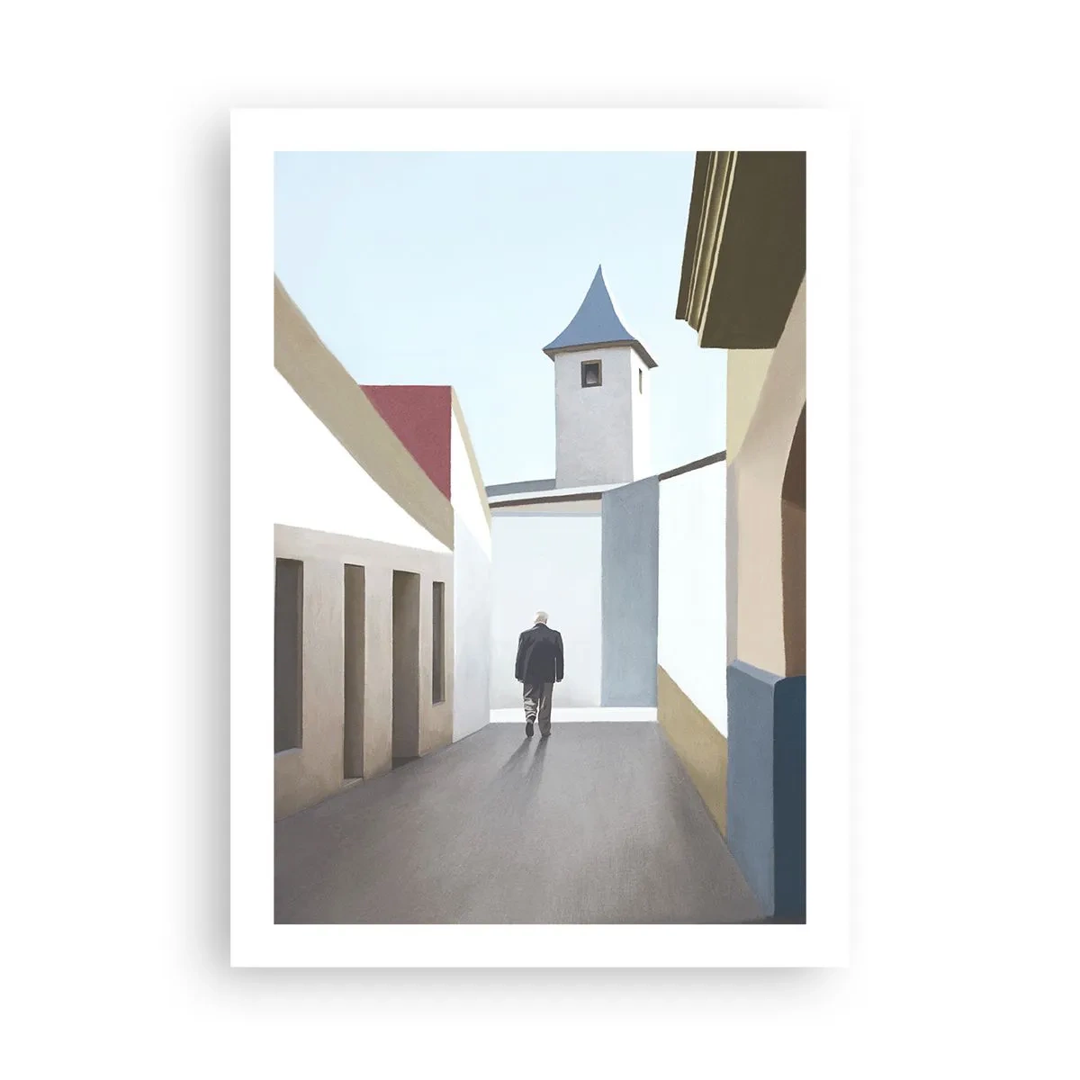 Poster - Eine minimalistische Straße mit einem einsamen Passanten - 50x70cm - Sonniger Spaziergang - Moderne Wanddekoration für Wohnzimmer und Schlafzimmer ARTTOR