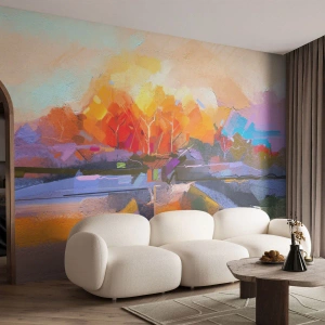 Fototapete Premium Sand - Herbstlandschaft in abstrakter, malerischer Komposition - 100x70cm - Der Herbst ist geworden - Moderne Wanddekoration für Wohnzimmer und Schlafzimmer ARTTOR