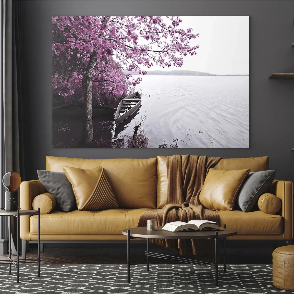 Glasbild - Bild auf glas - Ein Boot am Ufer mit einem rosa Baum über dem Wasser - 70x50cm - In rosa Stille - Moderne Wanddekoration für Wohnzimmer und Schlafzimmer ARTTOR