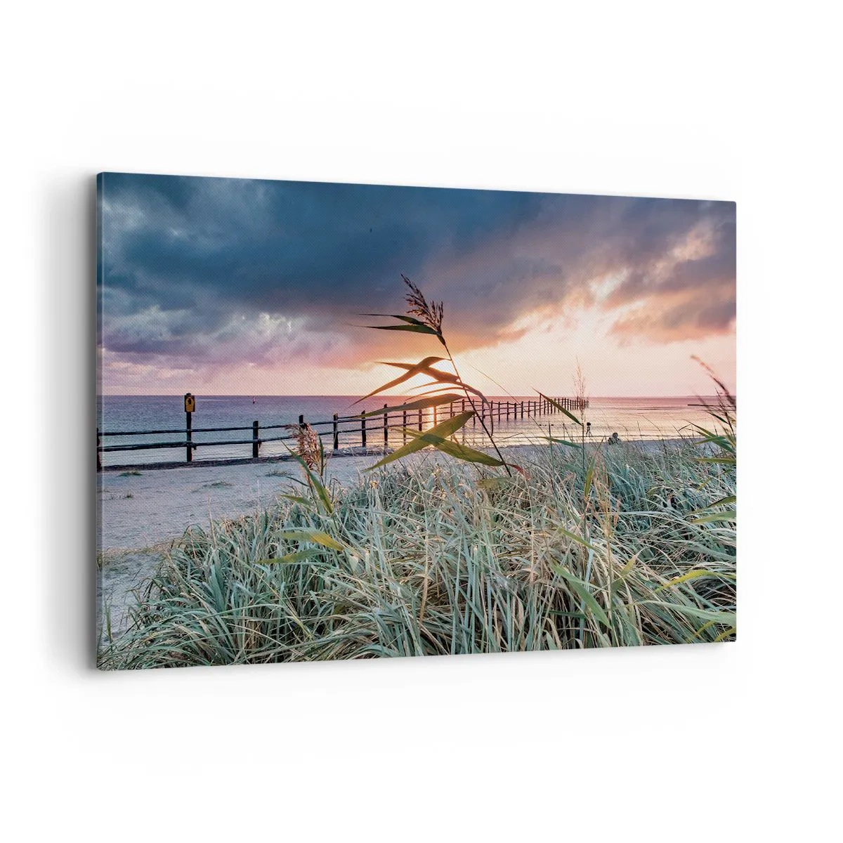 Bild auf Leinwand - Leinwandbild - Strand bei Sonnenuntergang mit Gräsern im Vordergrund - 100x70cm - Es vergeht nicht mit dem Wind - Moderne Wanddekoration für Wohnzimmer und Schlafzimmer ARTTOR