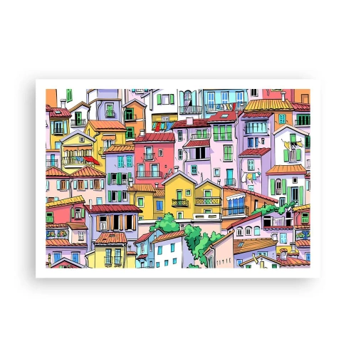 Poster - Bunte Mietshäuser im lebendigen, fröhlichen Stil - 100x70cm - Lustige Stadt - Moderne Wanddekoration für Wohnzimmer und Schlafzimmer ARTTOR