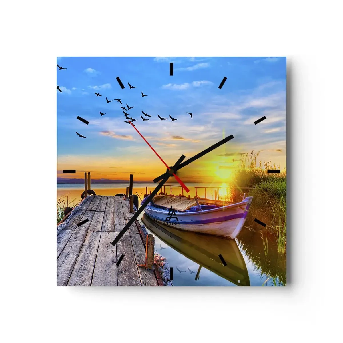 Wanduhr - Glasuhr - Ein Boot an einem Holzsteg bei Sonnenuntergang - 30x30cm - Bis morgen - Moderne Wanddekoration für Wohnzimmer und Schlafzimmer ARTTOR