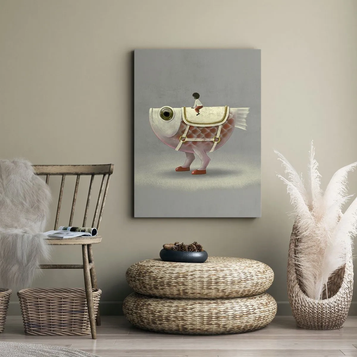 Bild auf Leinwand - Leinwandbild - Ein schicker Fischreiter mit Beinen und Sattel - 50x70cm - Reiter auf einem surrealen Fisch - Moderne Wanddekoration für Wohnzimmer und Schlafzimmer ARTTOR