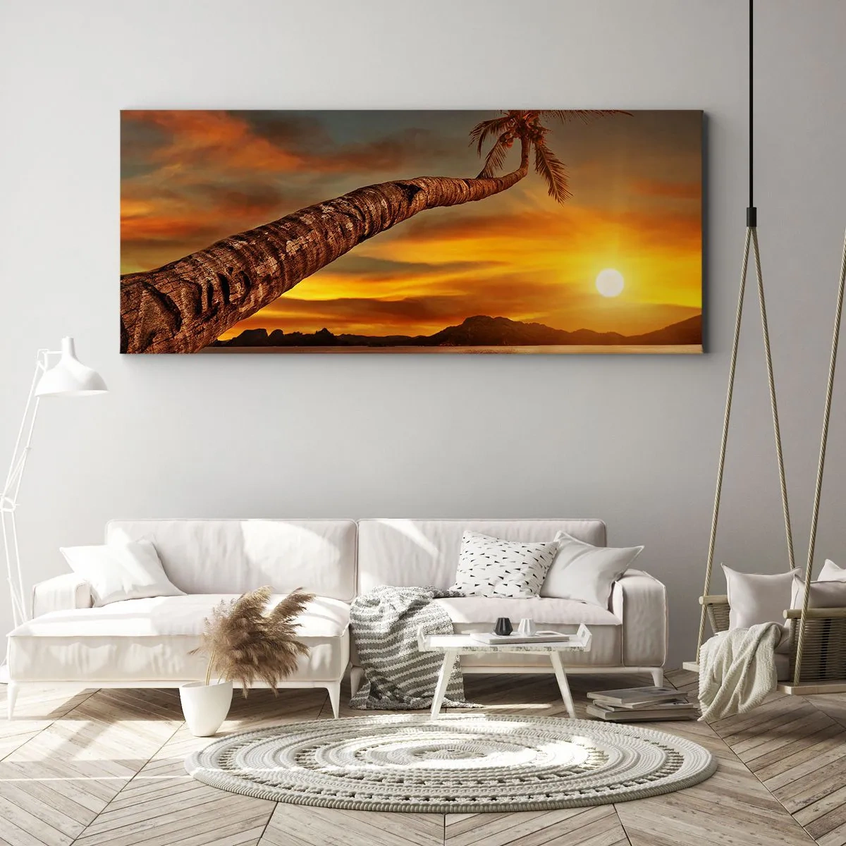 Bild auf Leinwand - Leinwandbild - Palme am Strand bei Sonnenuntergang mit Blick auf das Meer - 160x50cm - Exotischer Urlaub, karibisches Abenteuer - Moderne Wanddekoration für Wohnzimmer und Schlafzimmer ARTTOR