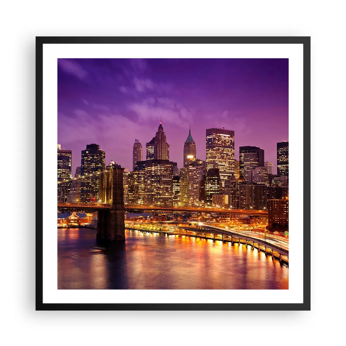 Poster in einem schwarzem Rahmen - Violett-goldenes Manhathann - 60x60 cm