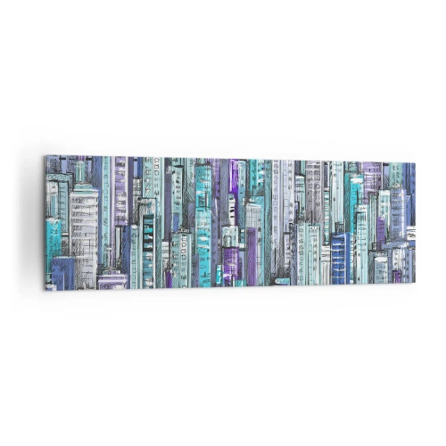 Bild auf Leinwand - Leinwandbild - Illustration einer Stadt mit geometrischen Gebäuden in Blau- und Lilatönen. - 160x50cm - Bläulich von dem Himmel - Moderne Wanddekoration für Wohnzimmer und Schlafzimmer ARTTOR