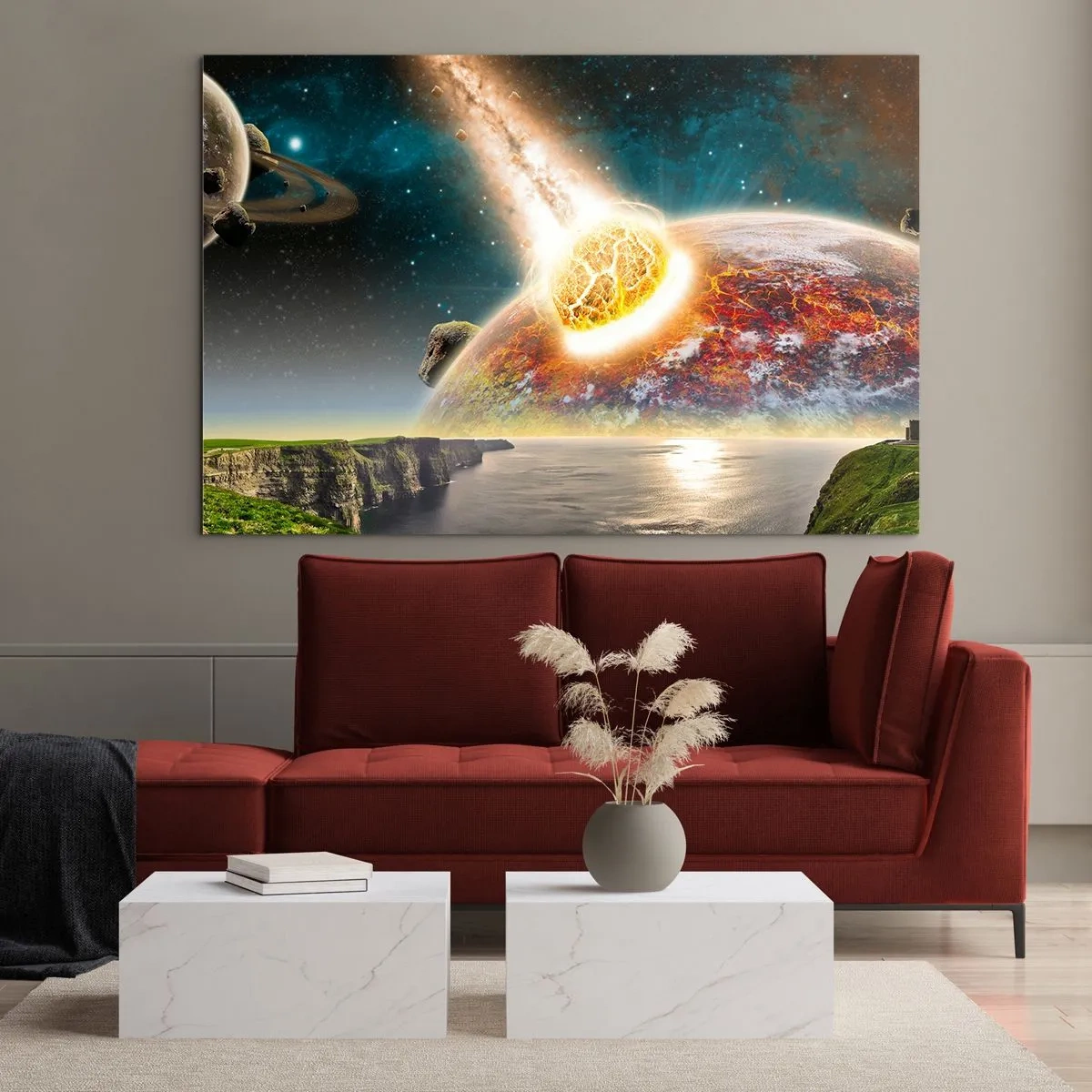 Glasbild - Bild auf glas - Ein Meteorit kollidiert im Weltraum mit einem Planeten. - 120x80cm - Kosmisches Drama - Moderne Wanddekoration für Wohnzimmer und Schlafzimmer ARTTOR