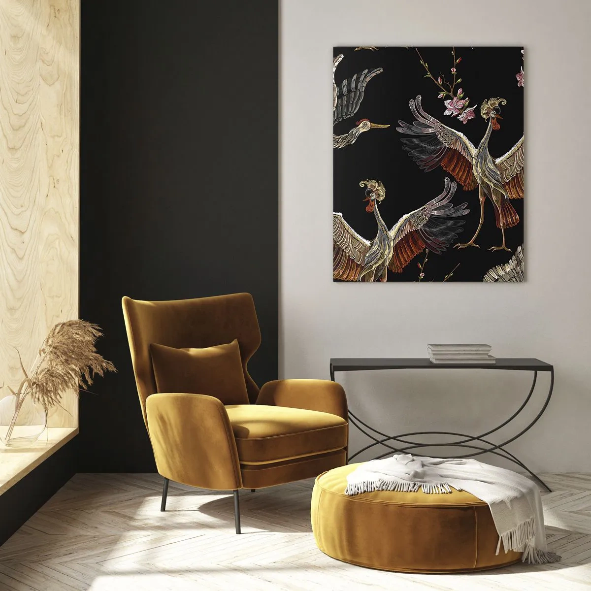 Glasbild - Bild auf glas - Vögel im Flug mit Blumen auf schwarzem Hintergrund, Retro-Stil - 50x70cm - Märchenvogel - Moderne Wanddekoration für Wohnzimmer und Schlafzimmer ARTTOR