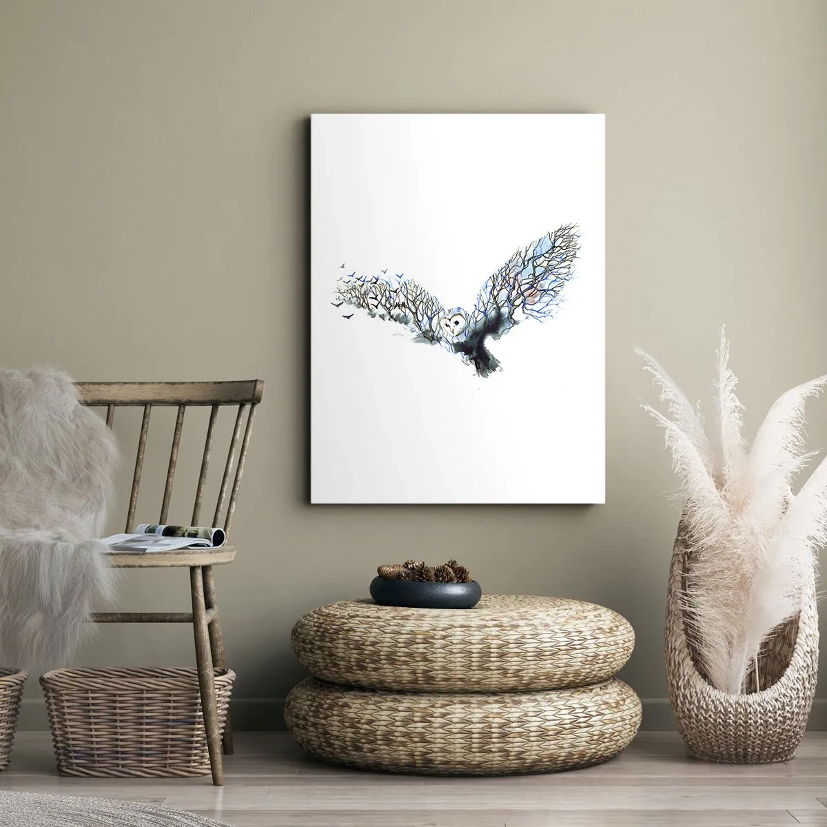 Bild auf Leinwand - Leinwandbild - Künstlerische Grafik einer Eule mit ausgebreiteten Flügeln - 50x70cm - Auf den Flügeln des Waldes - Moderne Wanddekoration für Wohnzimmer und Schlafzimmer ARTTOR