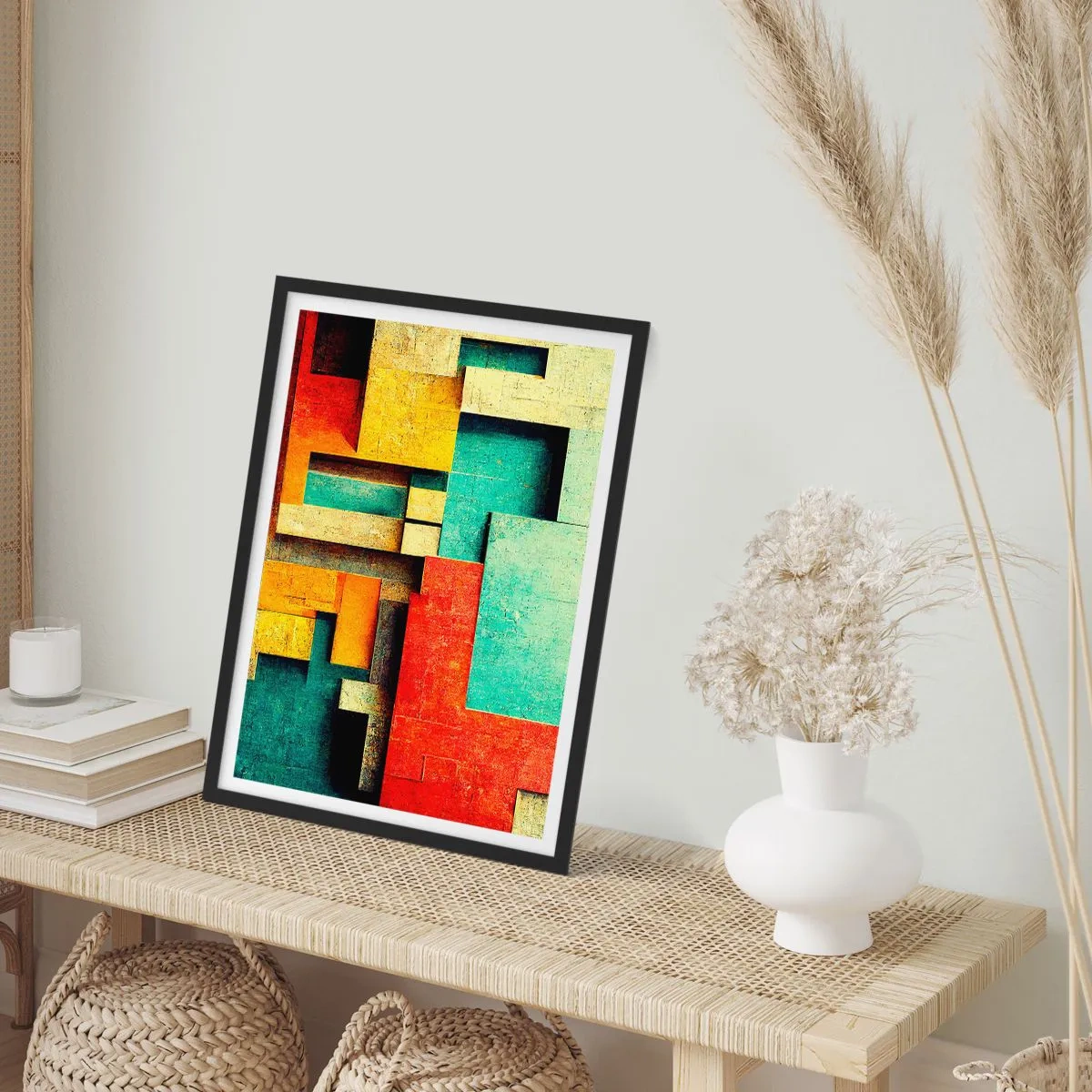 Poster in einem schwarzem Rahmen - Geometrische Abstraktion in lebendigen Farben - 50x70cm - Festival der rechten Winkel - Moderne Wanddekoration für Wohnzimmer und Schlafzimmer ARTTOR