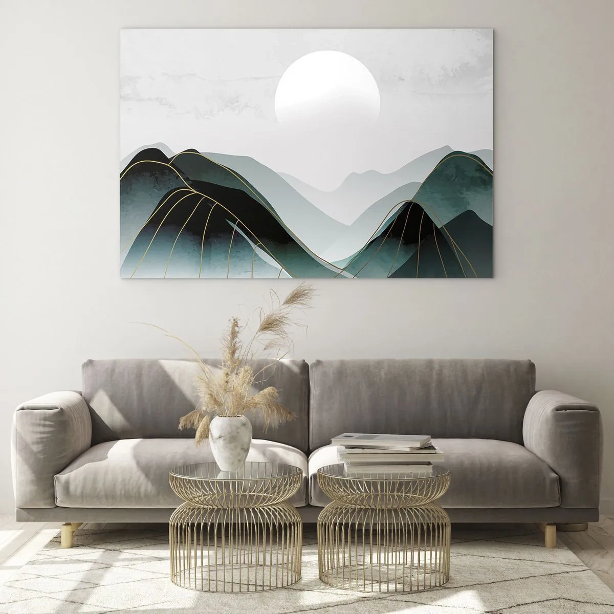 Glasbild - Bild auf glas - Berglandschaft mit weißer Sonne und goldenen Linien - 100x70cm - In voller Majestät - Moderne Wanddekoration für Wohnzimmer und Schlafzimmer ARTTOR