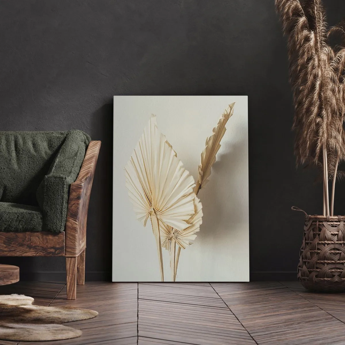 Bild auf Leinwand - Leinwandbild - Getrocknete Palmblätter in minimalistischem Arrangement - 70x100cm - Wenn Sie Erleichterung brauchen - Moderne Wanddekoration für Wohnzimmer und Schlafzimmer ARTTOR