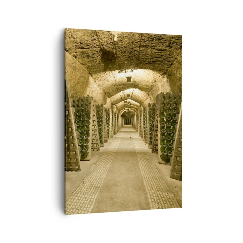 Bild auf Leinwand - Leinwandbild - Ein Weinberg mit einem Keller voller Weinflaschen, die auf Holzregalen ausgestellt sind. - 50x70cm - Die Geburt des Geschmacks - Moderne Wanddekoration für Wohnzimmer und Schlafzimmer ARTTOR