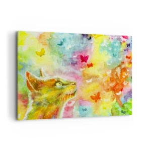 Bild auf Leinwand - Leinwandbild - Eine Katze umgeben von bunten Schmetterlingen - 100x70cm - Baju-baju im Katzenparadies - Moderne Wanddekoration für Wohnzimmer und Schlafzimmer ARTTOR