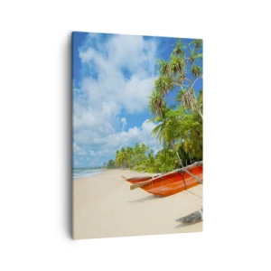 Bild auf Leinwand - Leinwandbild - Tropischer Strand mit Palmen und bunten Booten - 50x70cm - Der Charme der Tropen - Moderne Wanddekoration für Wohnzimmer und Schlafzimmer ARTTOR