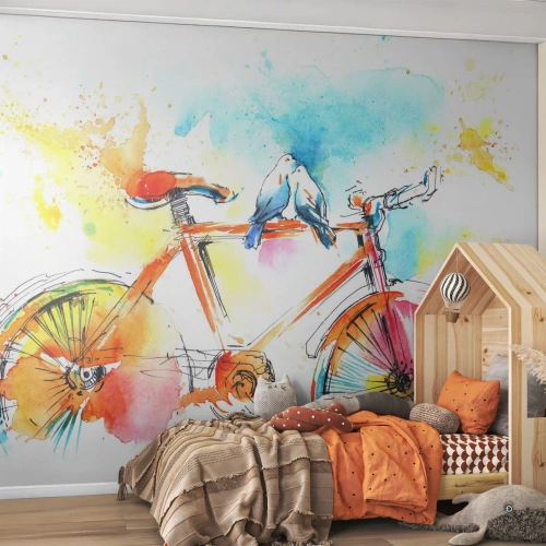 Fototapete Premium Sand - Fahrrad für zwei - Abstraktion, Fahrrad, Vögel - 300x210 cm