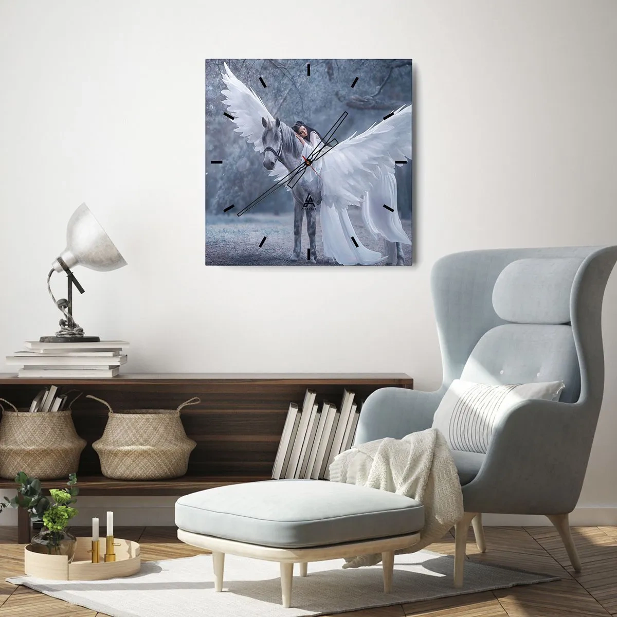 Wanduhr - Glasuhr - Eine Frau auf einem weißen Pferd mit Flügeln in einem Zauberwald - 30x30cm - Ein inspirierter Moment - Moderne Wanddekoration für Wohnzimmer und Schlafzimmer ARTTOR
