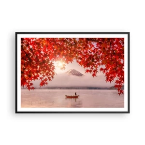 Poster in einem schwarzem Rahmen - Ein Boot auf einem See, umgeben von roten Ahornblättern - 100x70cm - Im japanischen Klima - Moderne Wanddekoration für Wohnzimmer und Schlafzimmer ARTTOR