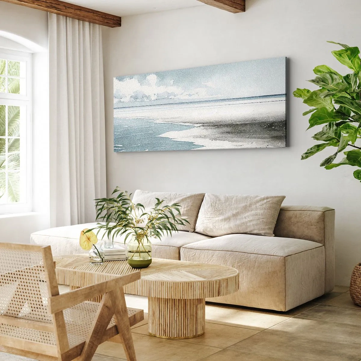 Bild auf Leinwand - Leinwandbild - Ruhiges Meer und Strand in hellen Blautönen - 120x50cm - Sanfte Flut - Moderne Wanddekoration für Wohnzimmer und Schlafzimmer ARTTOR
