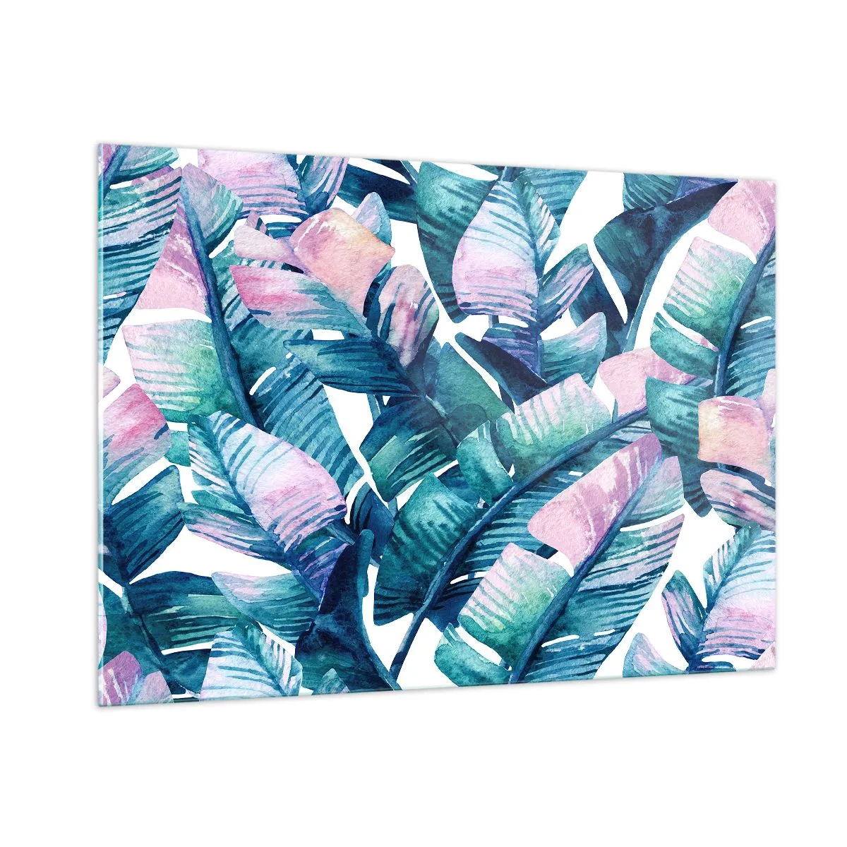 Glasbild - Bild auf glas - Bananenblätter in Pastelltönen auf weißem Hintergrund - 100x70cm - In einem Bananenhain - Moderne Wanddekoration für Wohnzimmer und Schlafzimmer ARTTOR