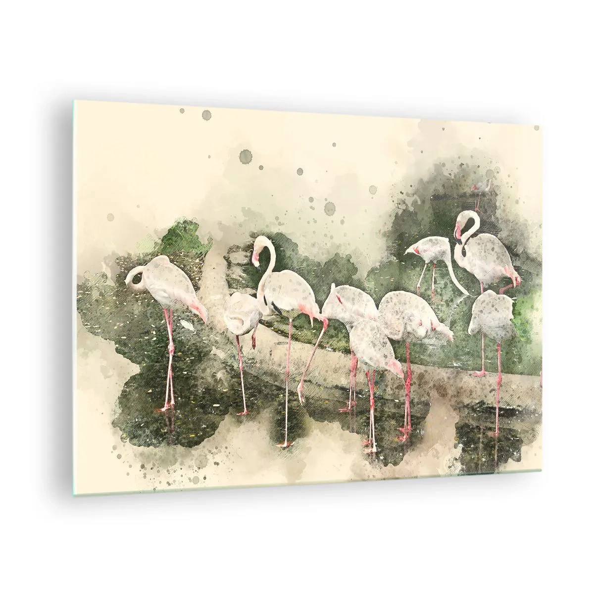 Glasbild - Bild auf glas - Flamingos vor dem Hintergrund einer Aquarellkomposition - 70x50cm - Exotischer Traum - Moderne Wanddekoration für Wohnzimmer und Schlafzimmer ARTTOR