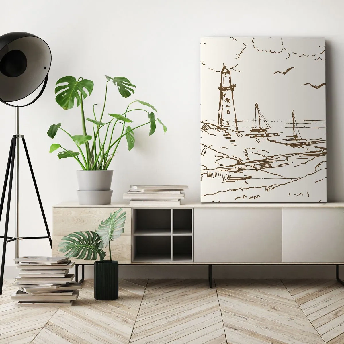 Bild auf Leinwand - Leinwandbild - Skizze eines Leuchtturms mit Blick auf das Meer - 80x120cm - Ein Überblick über die Erinnerungen an den Sommer - Moderne Wanddekoration für Wohnzimmer und Schlafzimmer ARTTOR