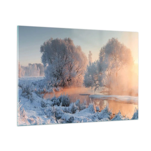 Glasbild - Bild auf glas - Winterlandschaft mit zugefrorenem See und Morgennebel - 100x70cm - Alles im Kristall glänzt in der Sonne - Moderne Wanddekoration für Wohnzimmer und Schlafzimmer ARTTOR