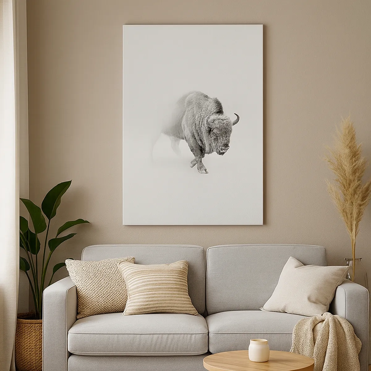 Bild auf Leinwand - Leinwandbild - Weißer Bison in minimalistischem Ambiente - 50x70cm - König der Prärie - Moderne Wanddekoration für Wohnzimmer und Schlafzimmer ARTTOR