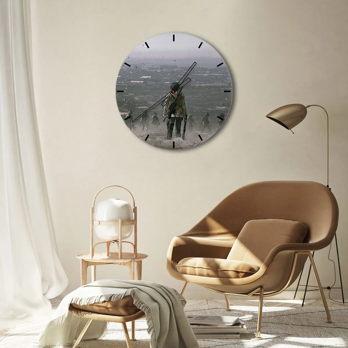 Wanduhr - Glasuhr - Eine Figur mit einer Waffe vor dem Hintergrund einer Stadt und geheimnisvollem Nebel - 30x30cm - Letzter Gerechter? - Moderne Wanddekoration für Wohnzimmer, Küche und Schlafzimmer ARTTOR
