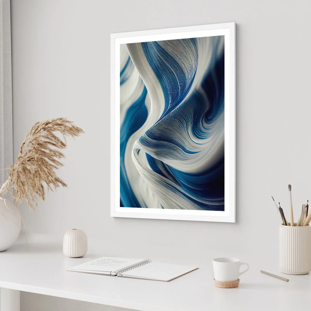 Poster in einem weißen Rahmen - Fließfähigkeit von Blau und Weiß - 70x100 cm