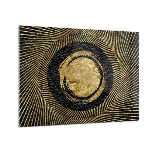 Glasbild - Bild auf glas - Goldener Kreis mit Strahlen auf schwarzem Hintergrund im glamourösen Stil - 70x50cm - Glamour-Komposition - Moderne Wanddekoration für Wohnzimmer und Schlafzimmer ARTTOR