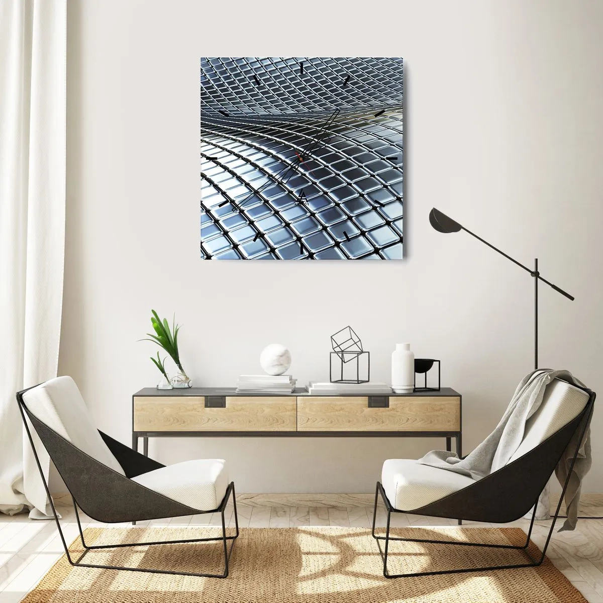 Wanduhr - Glasuhr - Metallische silberne Welle - 30x30 cm