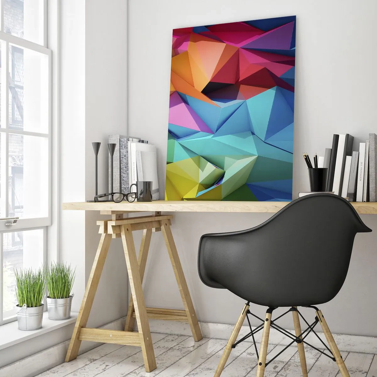 Glasbild - Bild auf glas - Bunte geometrische Abstraktion in lebendigen Farben - 70x100cm - Regenbogen-Origami - Moderne Wanddekoration für Wohnzimmer und Schlafzimmer ARTTOR