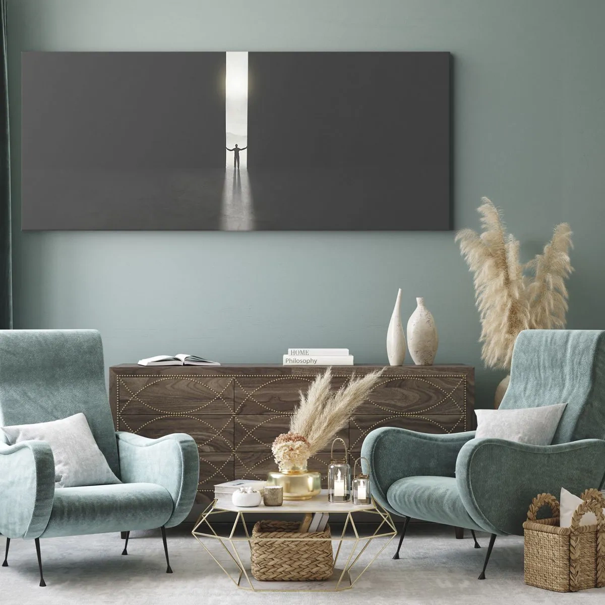 Bild auf Leinwand - Leinwandbild - Ein Mann steht im Licht eines schmalen Schlitzes in einem dunklen Raum - 140x50cm - Ein Schritt in eine strahlende Zukunft - Moderne Wanddekoration für Wohnzimmer und Schlafzimmer ARTTOR