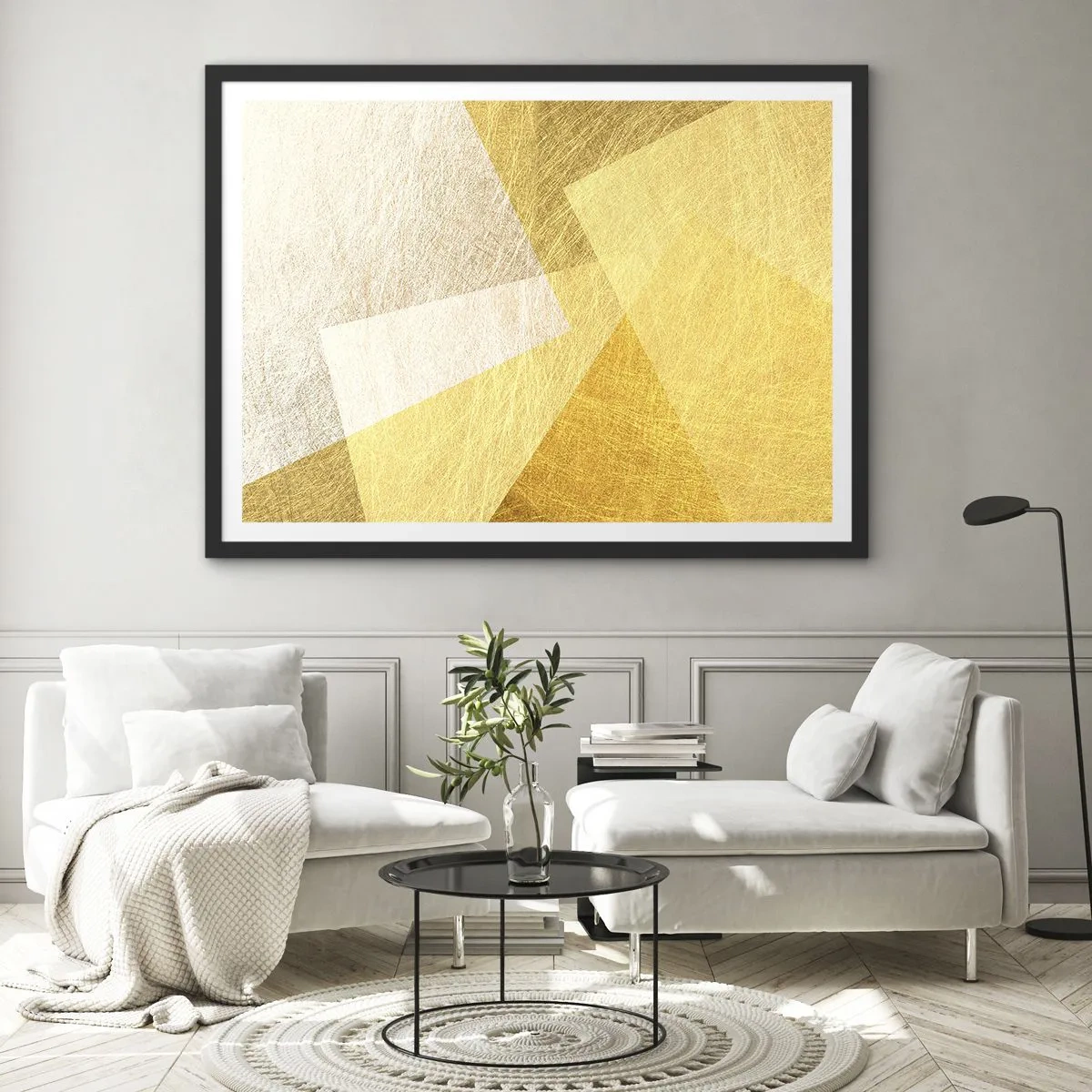 Poster in einem schwarzem Rahmen - Geometrische Formen in Gold und hellen Farbtönen - 70x50cm - Geometriewetter - Moderne Wanddekoration für Wohnzimmer und Schlafzimmer ARTTOR