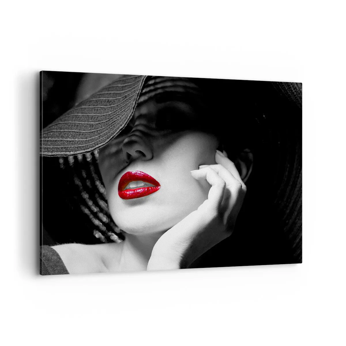 Bild auf Leinwand - Leinwandbild - Schwarz-Weiß-Porträt einer Frau mit roten Lippen - 100x70cm - Eine Studie in Scharlachrot - Moderne Wanddekoration für Wohnzimmer und Schlafzimmer ARTTOR