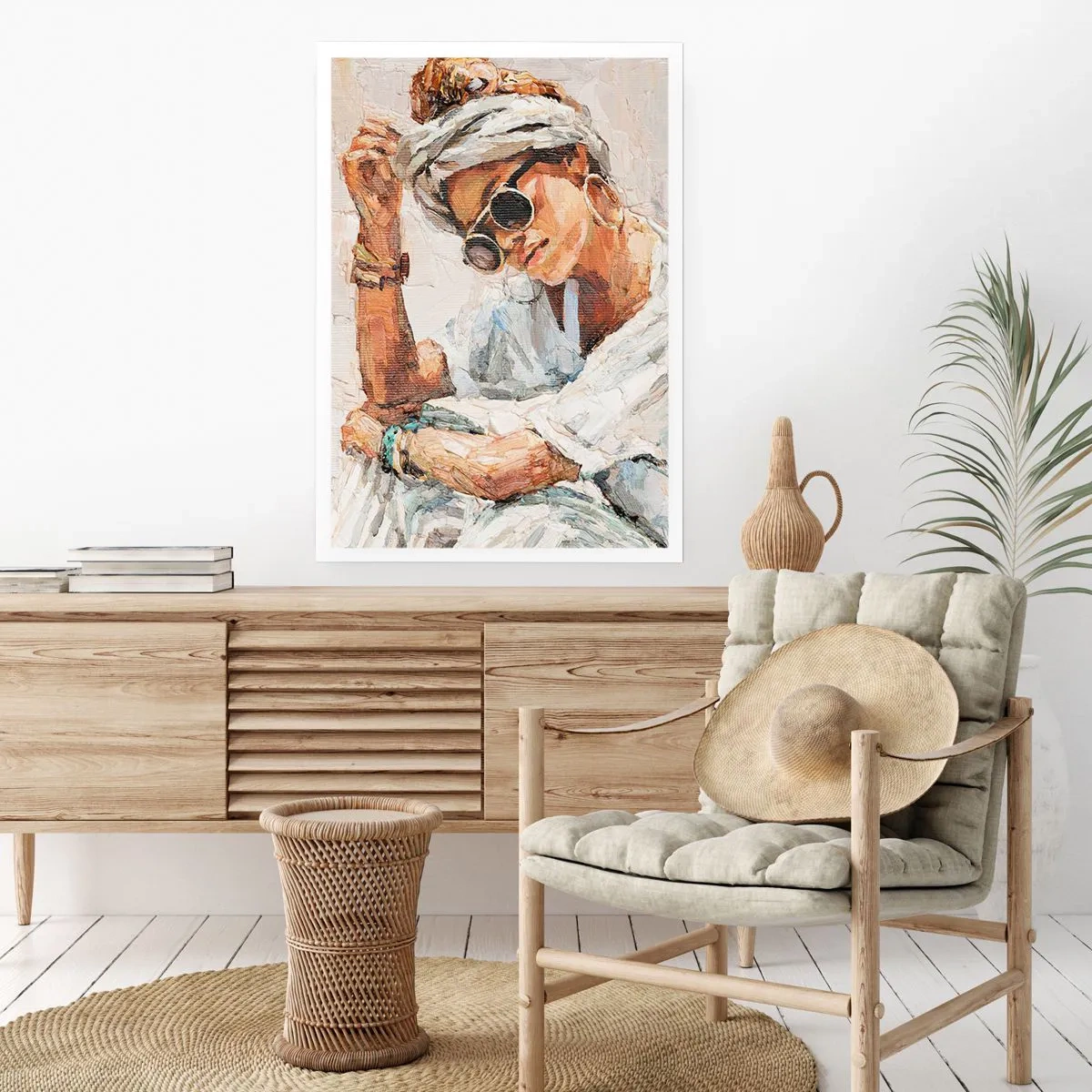 Poster - Porträt einer Frau mit Brille und Turban im impressionistischen Stil - 50x70cm - Porträt in voller Sonne - Moderne Wanddekoration für Wohnzimmer und Schlafzimmer ARTTOR