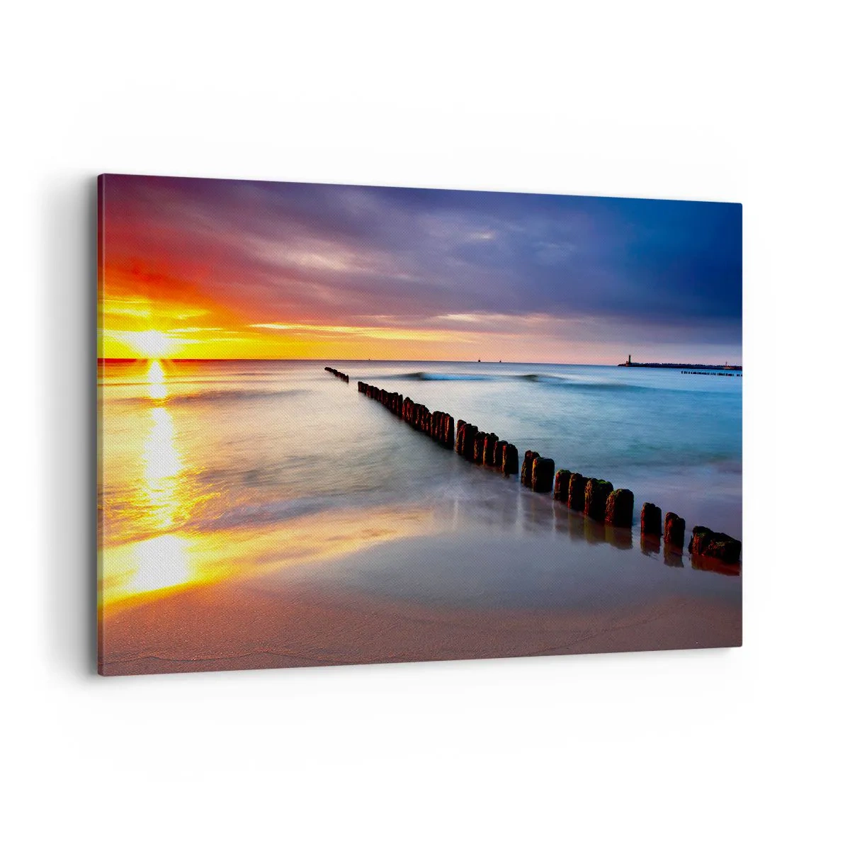 Bild auf Leinwand - Leinwandbild - Sonnenuntergang über dem Meer mit einem Wellenbrecher im Vordergrund - 120x80cm - Lausche der Stille - Moderne Wanddekoration für Wohnzimmer und Schlafzimmer ARTTOR