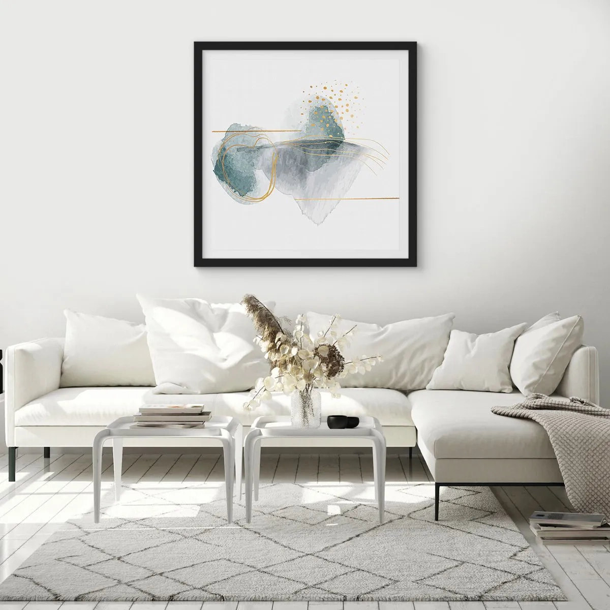 Poster in einem schwarzem Rahmen - Über das Verhältnis von Grau und Gold - 60x60 cm