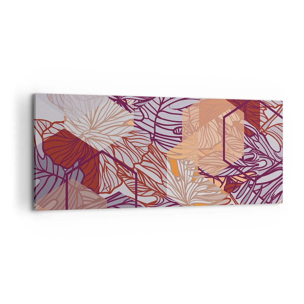 Bild auf Leinwand - Leinwandbild - Ein dekoratives tropisches Blattmuster in Lila-, Orange- und Beigetönen. - 120x50cm - Unmögliche Beziehung zwischen Geometrie und Natur - Moderne Wanddekoration für Wohnzimmer und Schlafzimmer ARTTOR