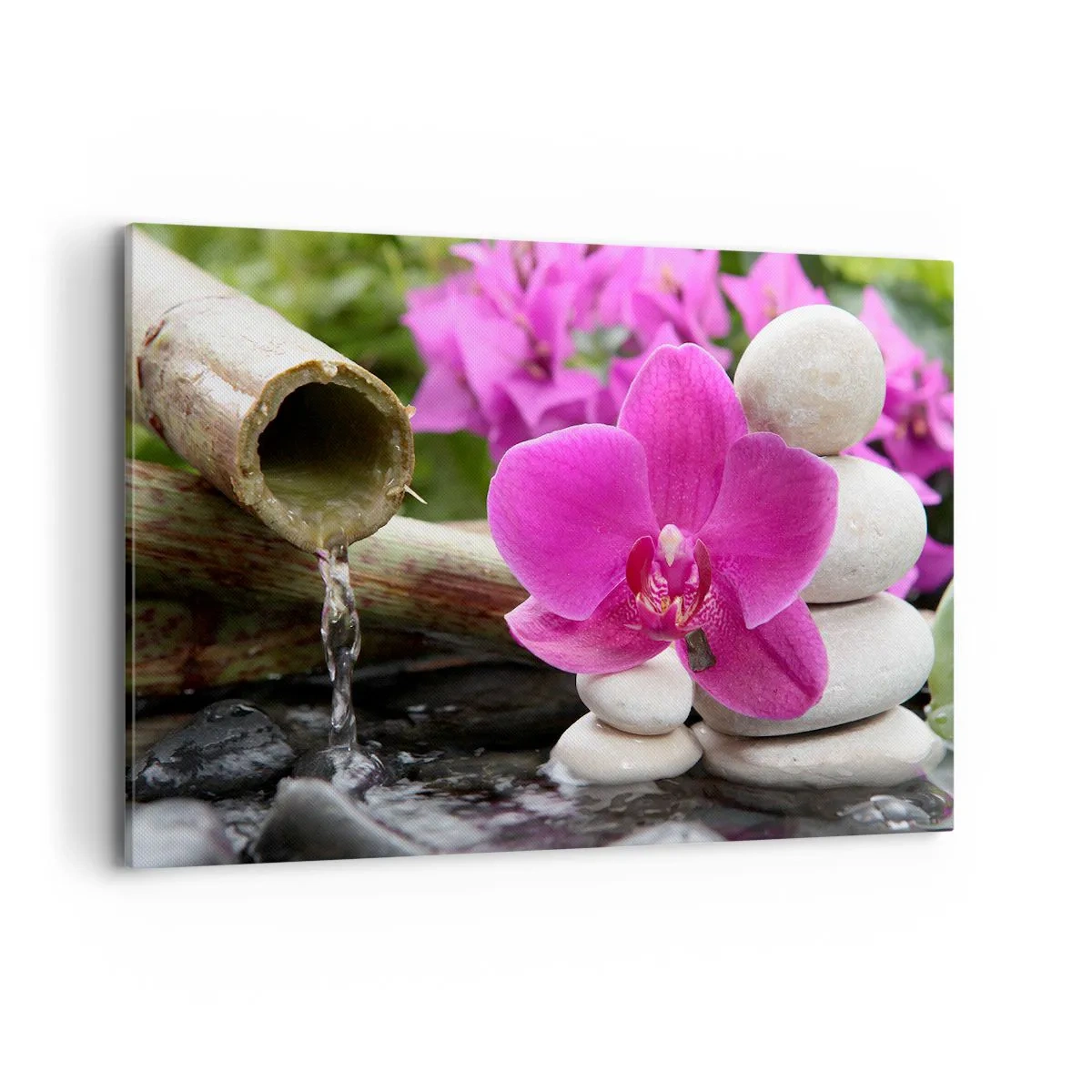 Bild auf Leinwand - Leinwandbild - Lila Orchidee, Steine und Bambus mit Wasser in einer entspannenden Umgebung - 120x80cm - Du ruhst dich schon aus - Moderne Wanddekoration für Wohnzimmer und Schlafzimmer ARTTOR