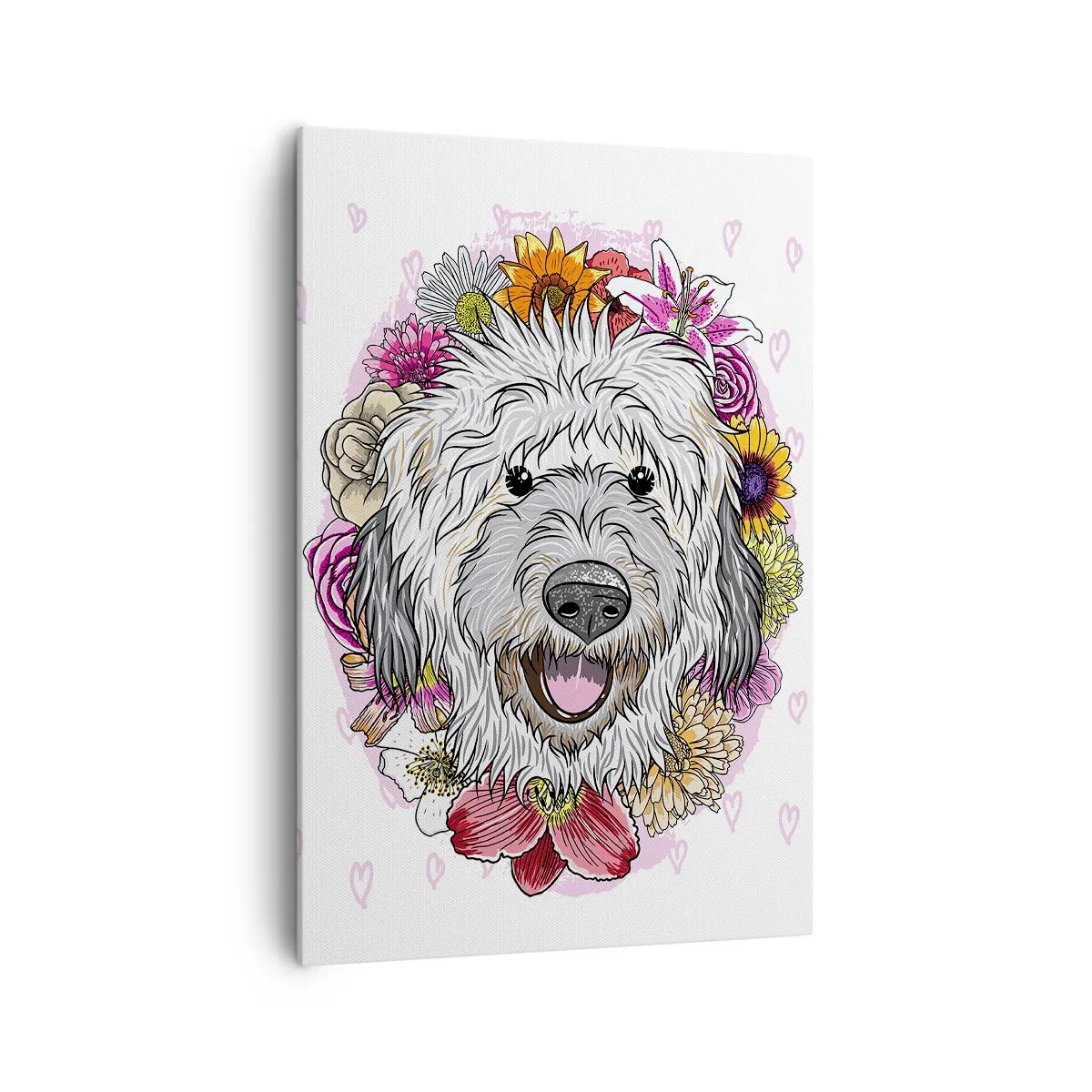Bild auf Leinwand - Leinwandbild - Ein Hund umgeben von bunten Blumen - 70x100cm - Welpenfreude - Moderne Wanddekoration für Wohnzimmer und Schlafzimmer ARTTOR