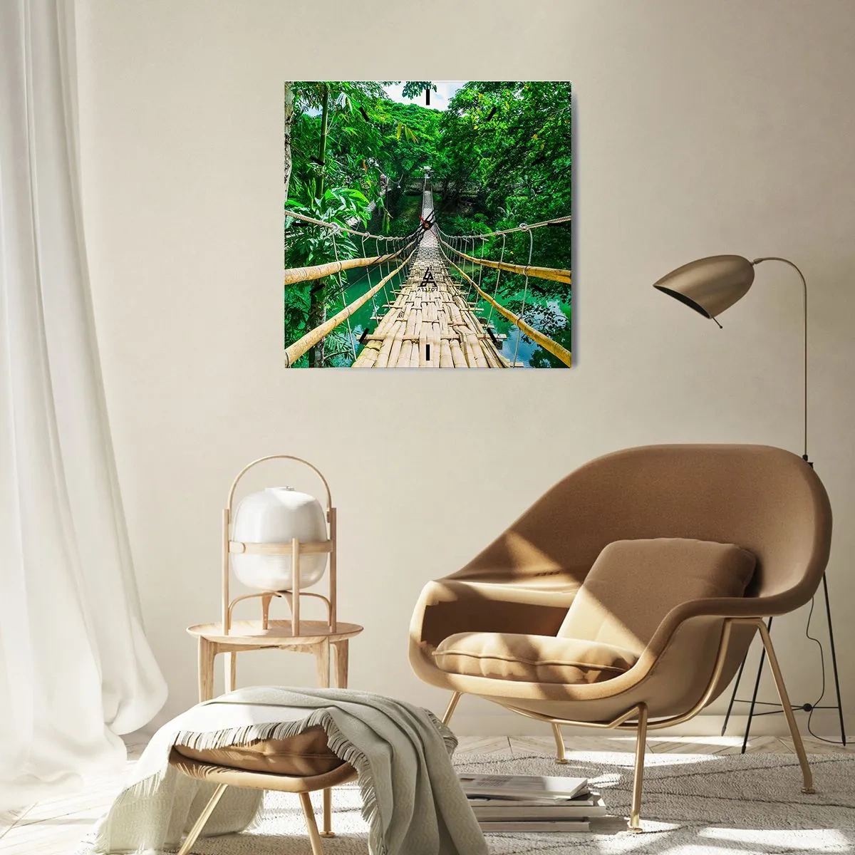 Wanduhr - Glasuhr - Eine hängende Bambusbrücke, umgeben von Grün - 30x30cm - Monkey Bridge über das Grün - Moderne Wanddekoration für Wohnzimmer und Schlafzimmer ARTTOR